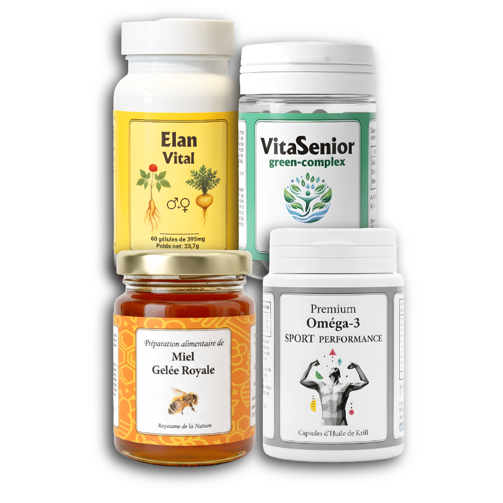 La Formule Vitalité PREMIUM réunit trois compléments de haute qualité, soigneusement sélectionnés pour offrir un accompagnement nutritionnel renforcé. Elle s’adresse à celles et ceux qui souhaitent soutenir leur énergie, leur vitalité et leur bien-être global, notamment lors des périodes de fatigue, de sollicitations physiques ou mentales accrues, ou simplement pour préserver leur qualité de vie sur le long terme.