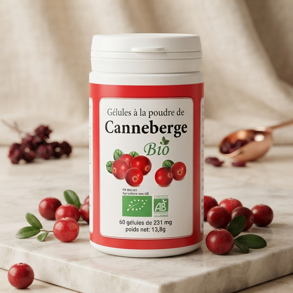 Canneberge (Cranberry Bio) – flacon entouré de canneberges