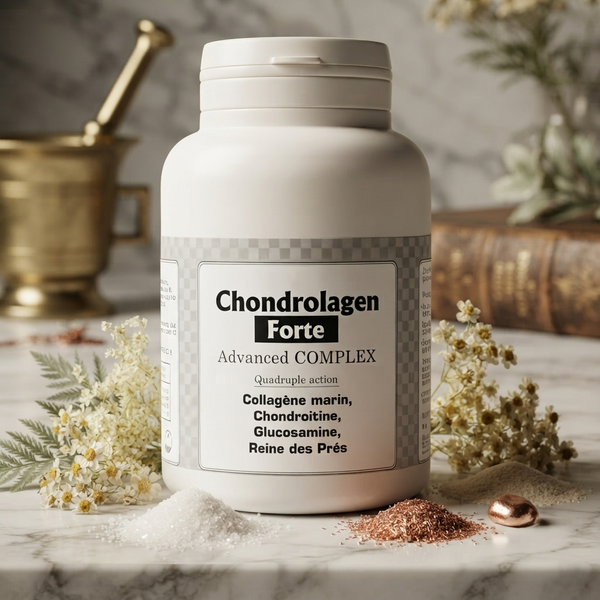 Chondrolagen Forte – flacon près d’un mortier et de fleurs de reine-des-prés