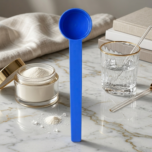 Messlöffel (25 ml) – Löffel neben einem Pulverglas und einem Glas