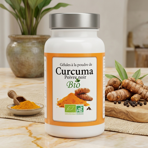 Curcuma & Poivre Noir Bio – flacon avec racines de curcuma et grains de poivre noir
