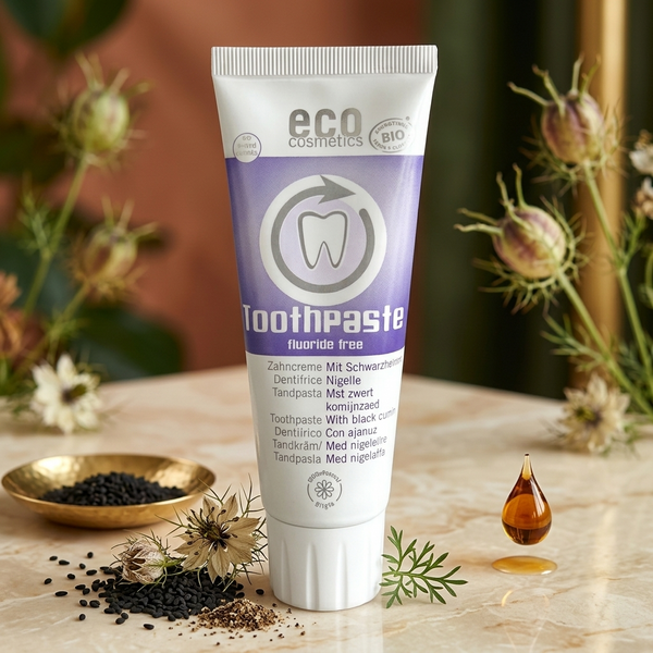 Bio-Schwarzkümmel-Zahnpasta ohne Fluorid – Tube mit Schwarzkümmelsamen und -blüten