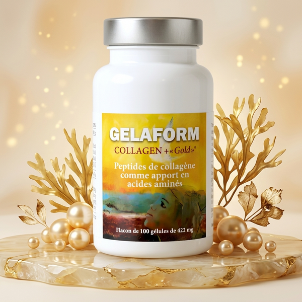 GELAFORM Collagen+ Gélules – flacon sur un fond doré