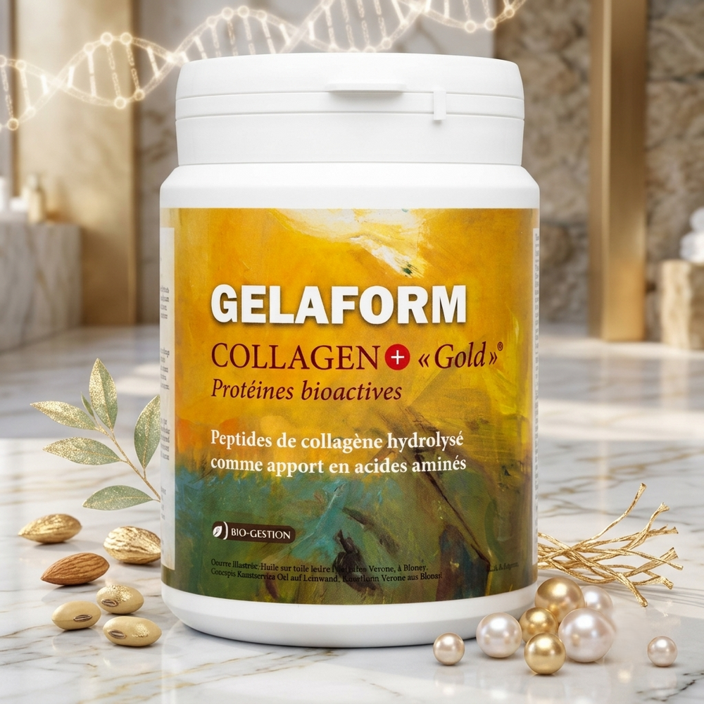 GELAFORM Collagen+ «Gold» – Dose auf Marmor mit Mandeln