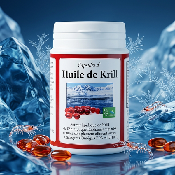 Huile de Krill (Oméga-3) – flacon sur la glace avec krill et capsules rouges
