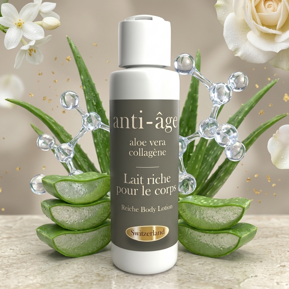 Rich Body Milk – bottle among aloe vera leaves and white flowers