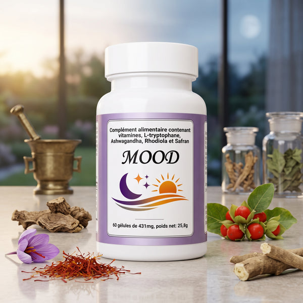 MOOD (Ashwagandha, Rhodiola, Safran) – Dose mit Safran, Wurzeln und Mörser
