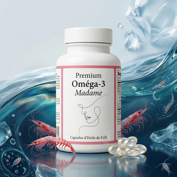 Premium Omega-3 MADAME – Dose vor einer Welle mit Krill und Kapseln