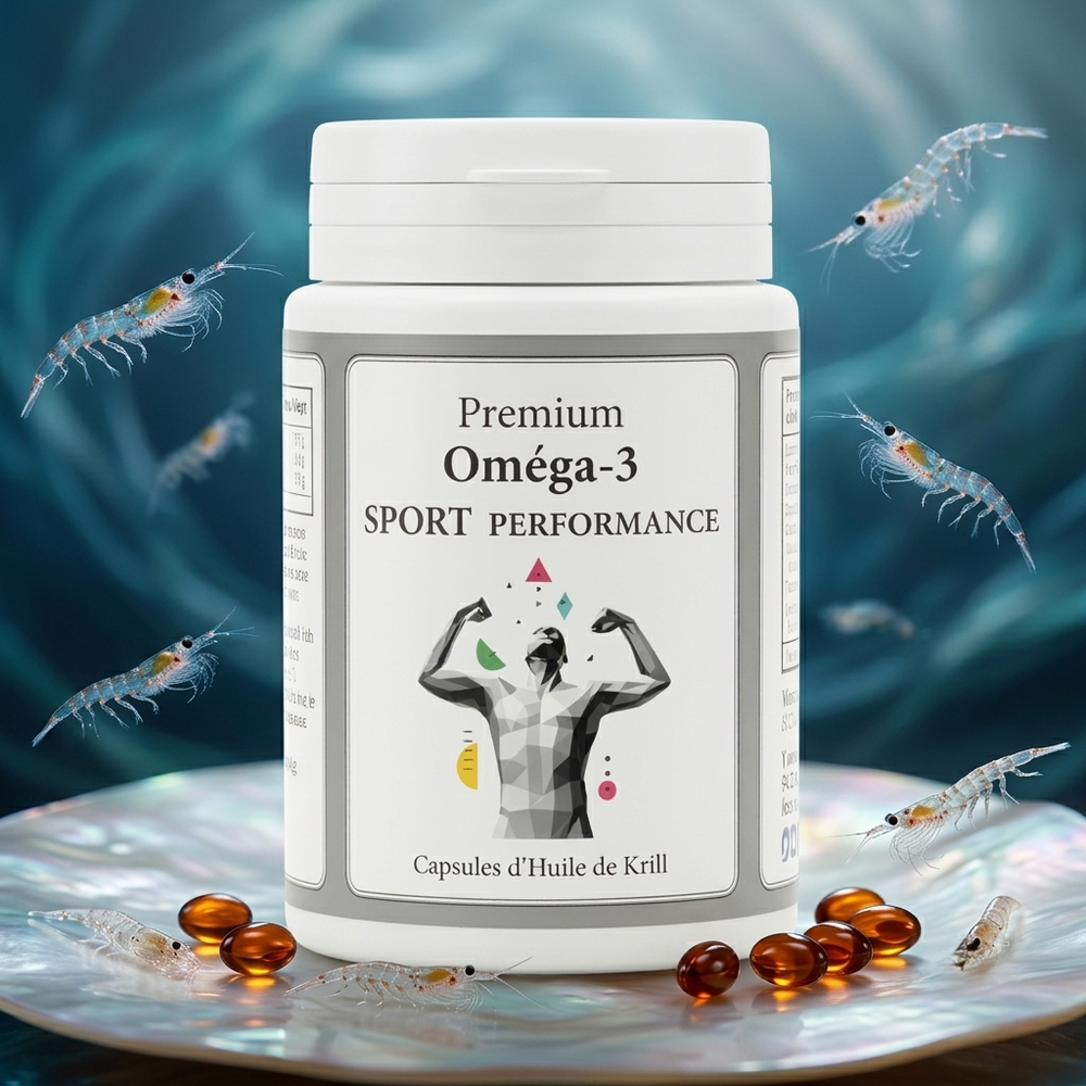 Premium Omega-3 SPORT PERFORMANCE – flacone e capsule rosse, krill sullo sfondo