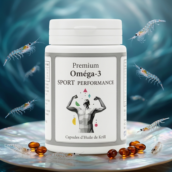 Premium Omega-3 SPORT PERFORMANCE – Dose und rote Kapseln, Krill im Hintergrund