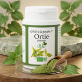 Polvere d'Ortica Bio – flacone con foglie di ortica e polvere verde