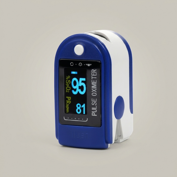 Oximeter & Pulsmesser – blaues Finger-Pulsoximeter mit leuchtendem Display