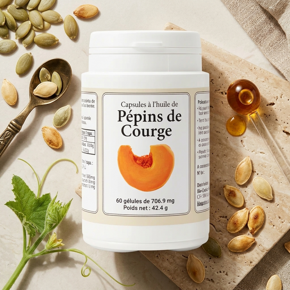Pumpkin Seed Oil – bottle among pumpkin seeds and a spoonful of oil