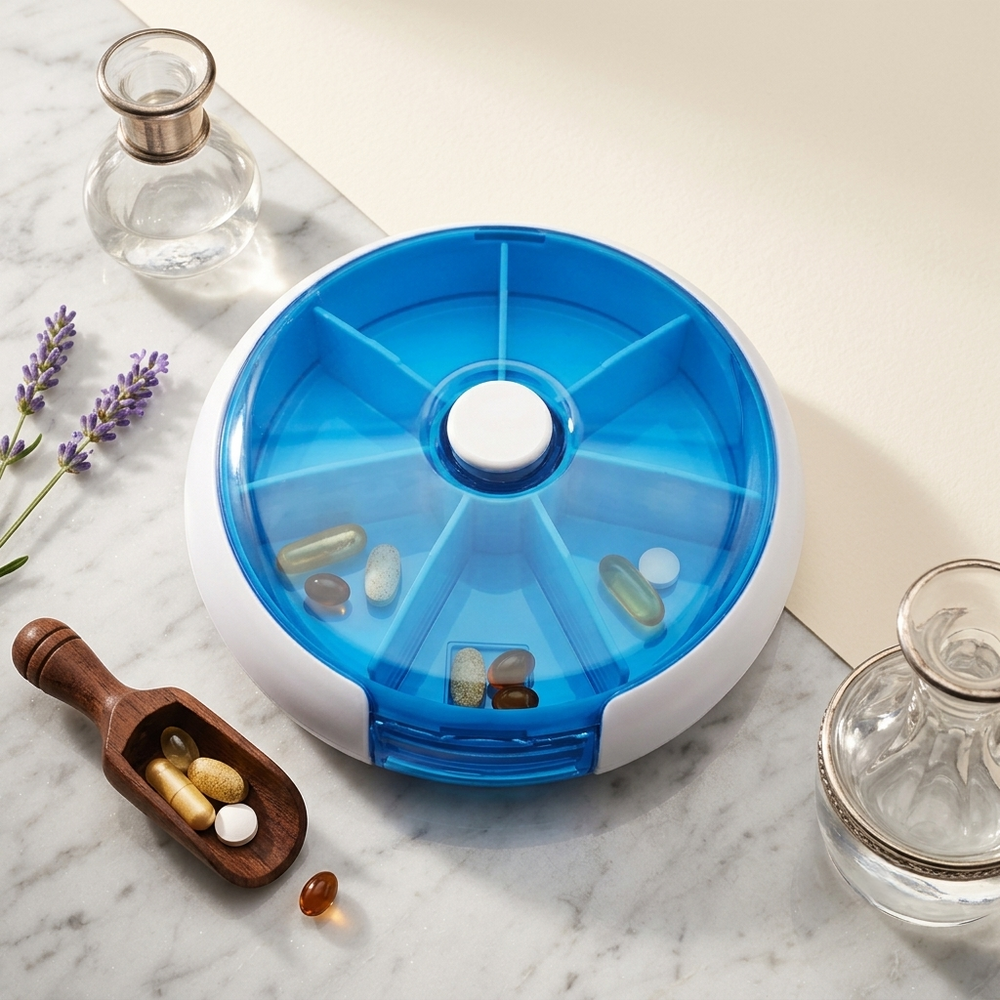 Portable Weekly Pill Organiser – open pill box filled with capsules