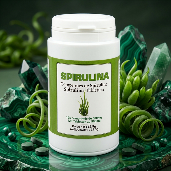 Spirulina (Spiruline) – flacon parmi des algues vertes et des comprimés