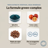 VitaSenior green-complex : infographie des ingrédients, spiruline, camu-camu, pépins de raisin, zinc et manganèse