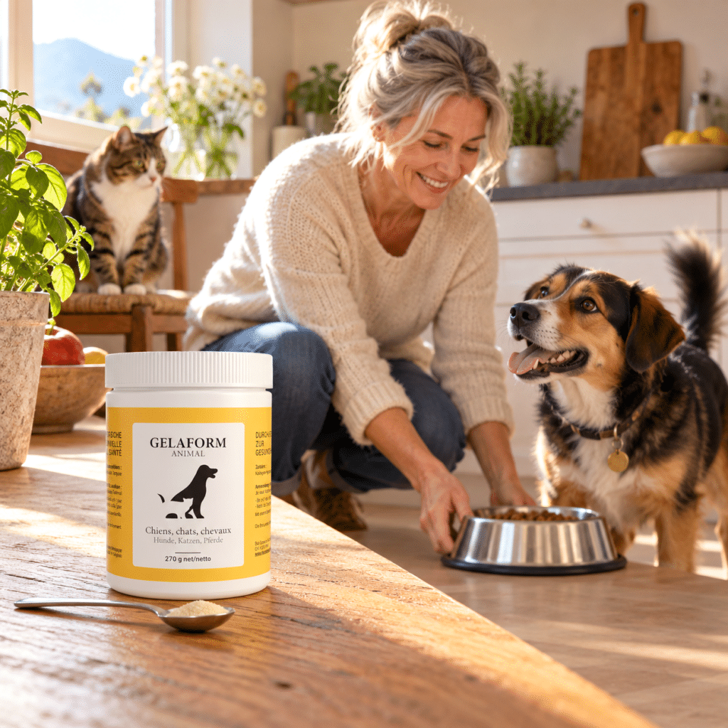 GELAFORM Animal se mélange directement à la nourriture habituelle, sèche ou humide, pour une prise quotidienne simple et facile à intégrer à la routine de l’animal.