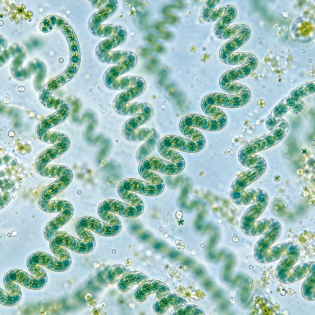 Sous le microscope, la spiruline révèle les filaments enroulés qui lui ont donné son nom, une structure caractéristique de cette cyanobactérie ancestrale.