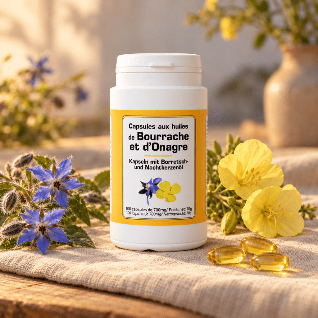 Zwei Blüten, zwei Öle, eine Gemeinsamkeit: Gamma-Linolensäure, kurz GLA, eine Omega-6-Fettsäure, die in der üblichen Ernährung kaum vorkommt. Borretsch- und Nachtkerzenöl sind ihre konzentriertesten pflanzlichen Quellen, hier in einer einzigen Kapsel vereint.