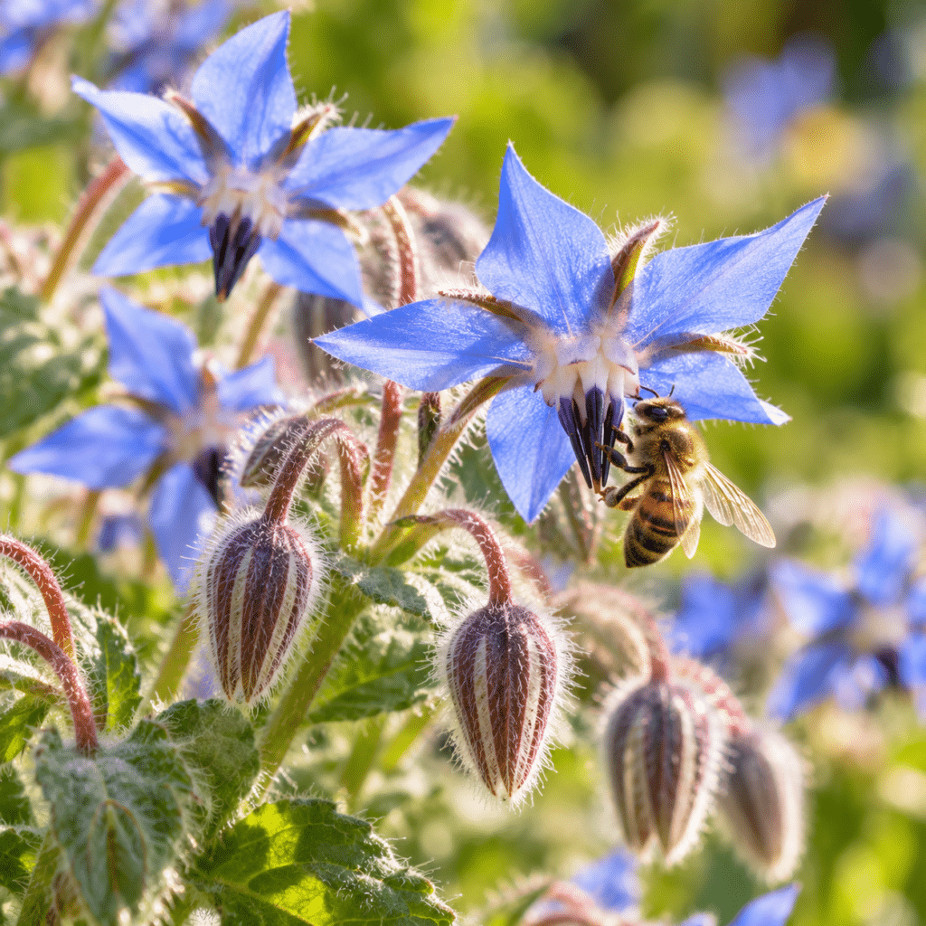 Der Borretsch (Borago officinalis), erkennbar an seinen sternförmigen blauen Blüten, die bei Bienen sehr beliebt sind, gehört zu den pflanzlichen Quellen mit einem besonders hohen Gehalt an Gamma-Linolensäure (GLA).