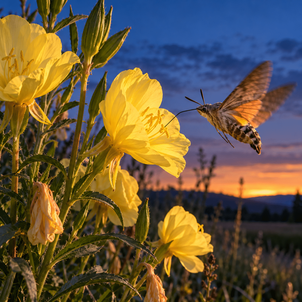 Die Nachtkerze (Oenothera biennis) öffnet ihre gelben Blüten in der Dämmerung und lockt dabei unter anderem Schwärmer an; ihre Samen liefern ein Öl, das von Natur aus reich an essenziellen Fettsäuren, darunter GLA, ist.