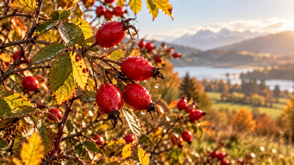 Die Hagebutte, die rote Frucht der Heckenrose (Rosa canina), wird traditionell als Sirup, Konfitüre oder Tee verwendet.