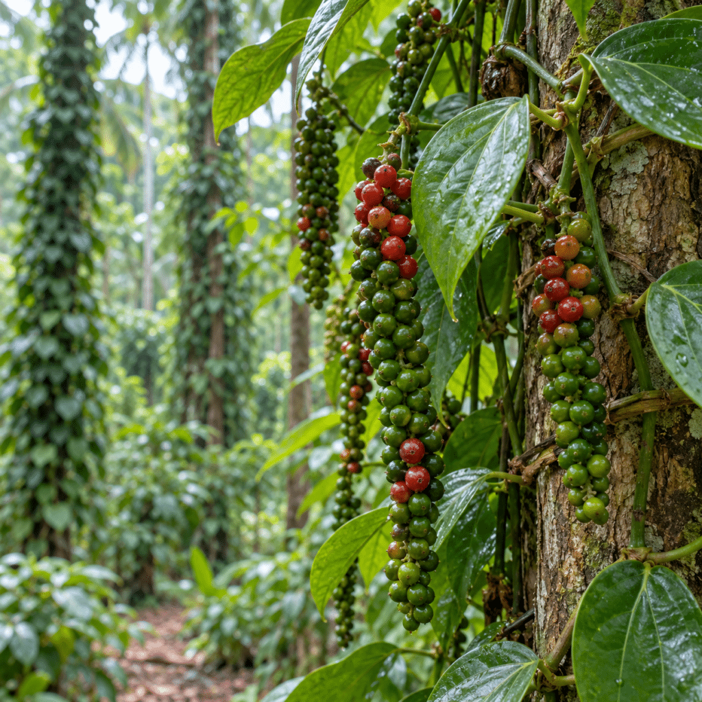 Schwarzer Pfeffer (Piper nigrum) wächst in Trauben an einer Kletterpflanze, die von der Malabarküste im heutigen Kerala stammt; die Beeren werden traditionell noch grün geerntet und färben sich beim Trocknen schwarz.