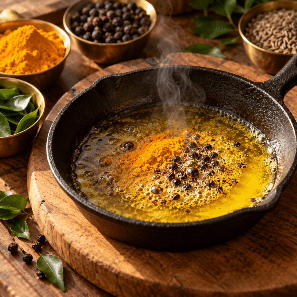 Kurkuma, schwarzer Pfeffer und Ghee bilden eine typische Kombination der indischen Küche, in der Gewürze traditionell in Fett erhitzt werden, um ihre Aromen zu entfalten.