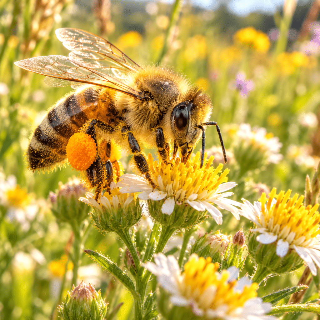 Eine Biene, die Wildblumen sammelt, erinnert an den floralen Ursprung des Honigs und an die geduldige Sammelarbeit des Bienenstocks.