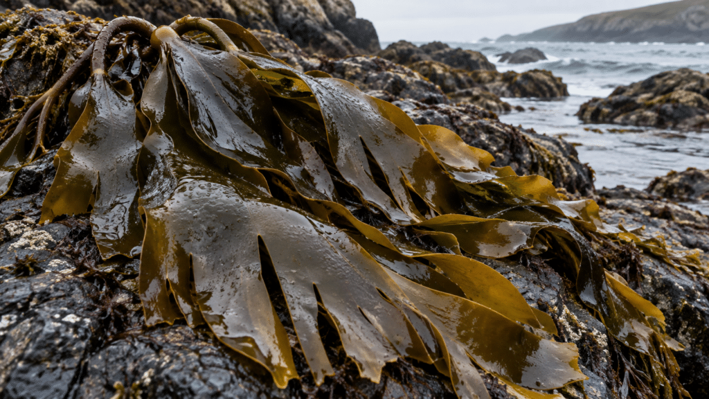 La Laminaria digitata pousse sur les côtes rocheuses de l’Atlantique nord et se découvre à marée basse, où ses longues lames découpées peuvent s’étendre sur plusieurs mètres.