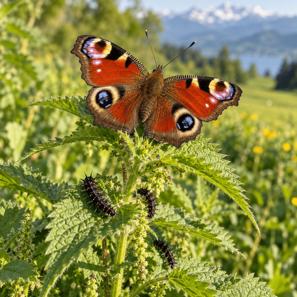 Das Tagpfauenauge (Aglais io) sitzt gern auf Brennnesseln, die zugleich als Nahrungspflanze für seine Raupen dienen.