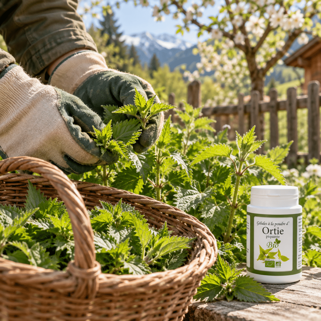 Die Ernte junger Brennnesselblätter im Frühling erinnert an den pflanzlichen Ursprung des Bio-Brennnesselpulvers, das sich in praktischer Form in den Alltag integrieren lässt.