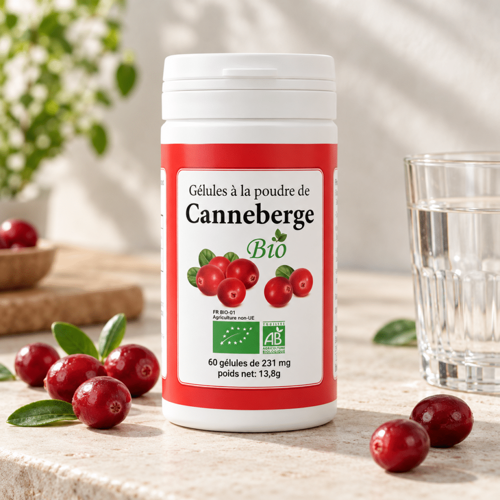 Cranberrypulver aus biologischem Anbau, mit angegebenem und kontrolliertem Gehalt an Proanthocyanidinen (PACs): 35,7 mg pro Tagesdosis.