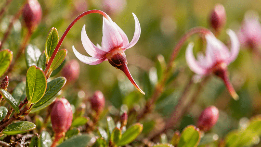Die Blüte der Cranberry (Vaccinium macrocarpon) erinnert mit ihren zurückgebogenen Blütenblättern an Kopf und langen Schnabel eines Kranichs, daher stammt auch der englische Name "cranberry".