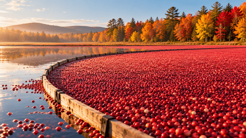Die Cranberry-Ernte ist besonders charakteristisch: Die Anbauflächen werden geflutet, und dank kleiner Luftkammern in den Beeren treiben diese an die Oberfläche und können gesammelt werden.