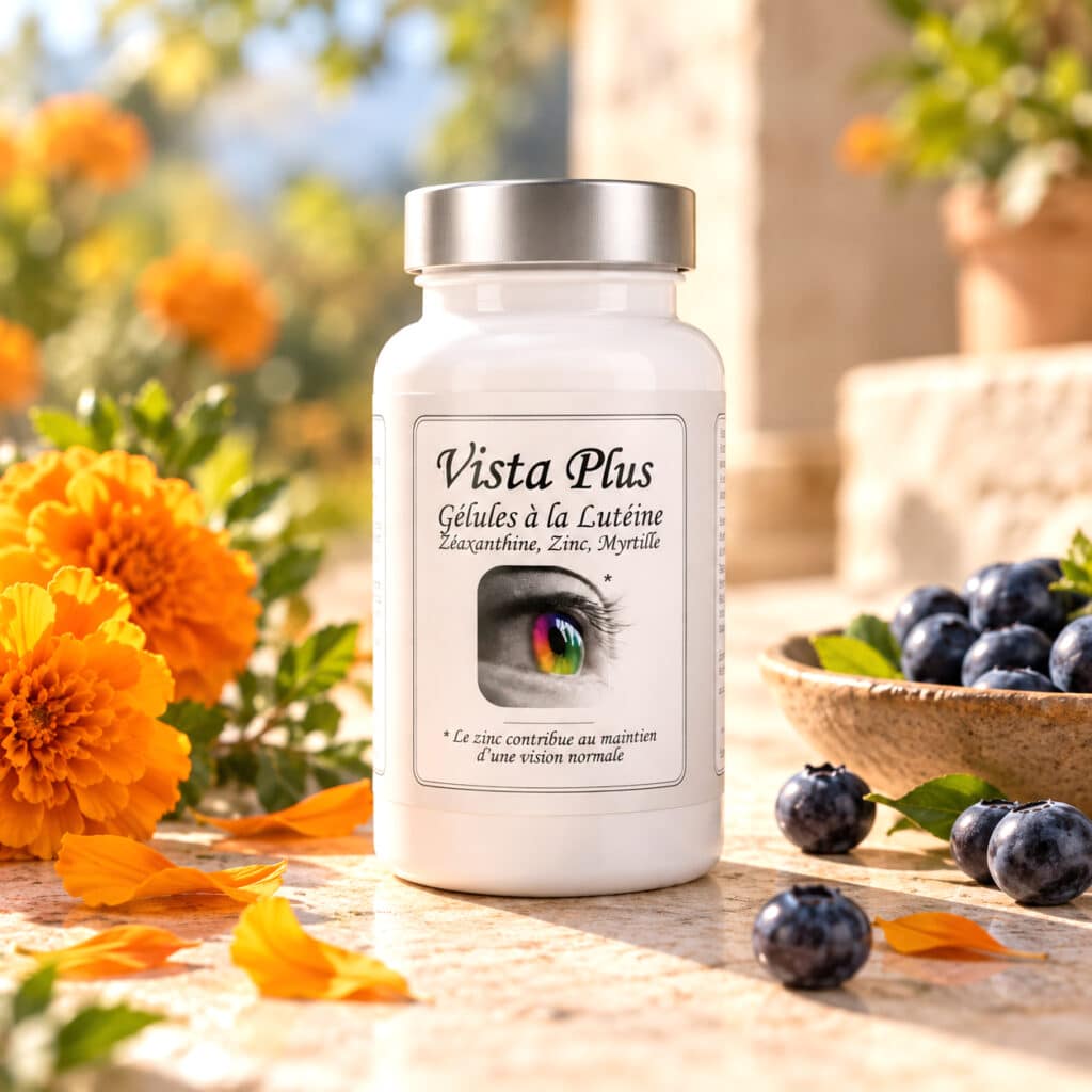 Vista Plus enthält 8 mg Lutein aus der Blüte der Studentenblume, Zeaxanthin, Heidelbeerextrakt, Zink sowie die Vitamine A, C und E.