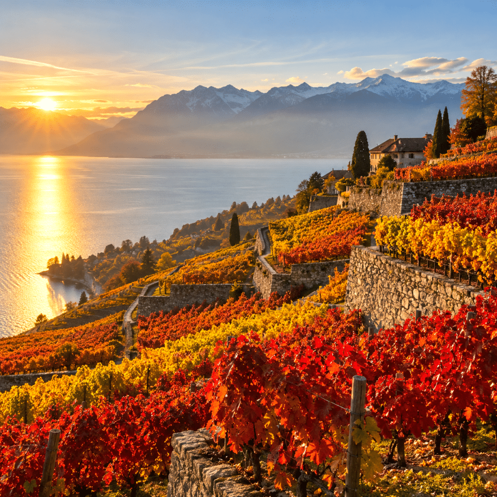 À l’automne, les vignes de Lavaux se parent de rouge et d’or lorsque la chlorophylle s’efface et laisse apparaître les pigments naturels des feuilles.