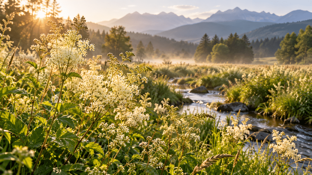Das Mädesüss (Filipendula ulmaria) wächst natürlicherweise auf feuchten Wiesen und ist an seinen cremeweissen Blütenrispen mit ihrem angenehm süsslichen Duft zu erkennen.
