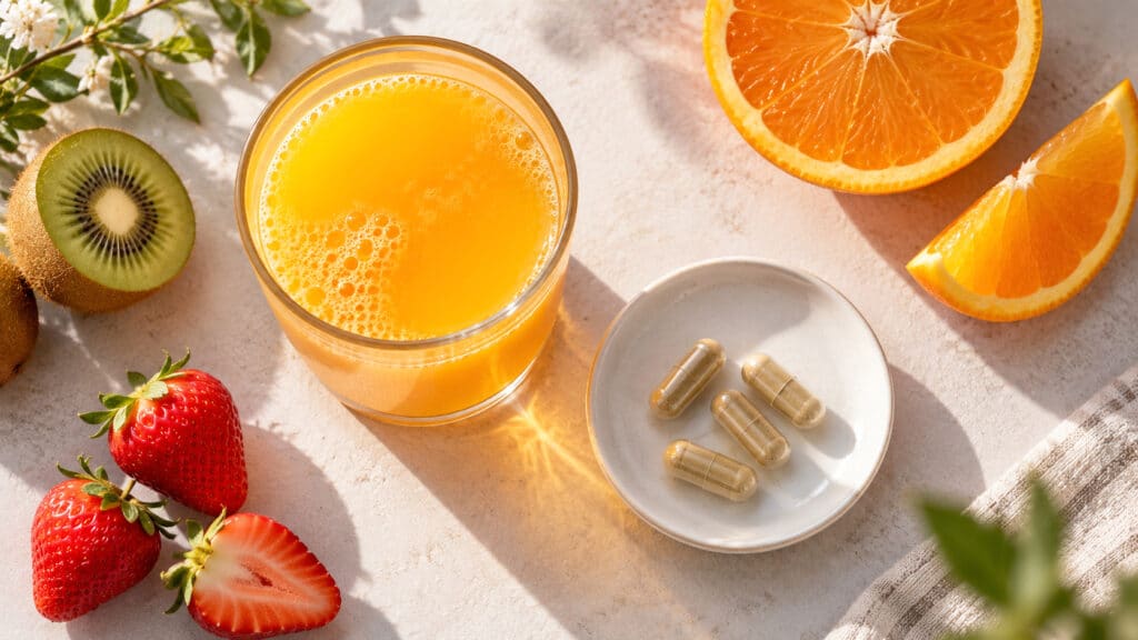 Die Einnahme der Kapseln zusammen mit einer Vitamin-C-Quelle, etwa Orangensaft, unterstützt die normale Kollagenbildung für eine normale Funktion von Knochen und Knorpel.
