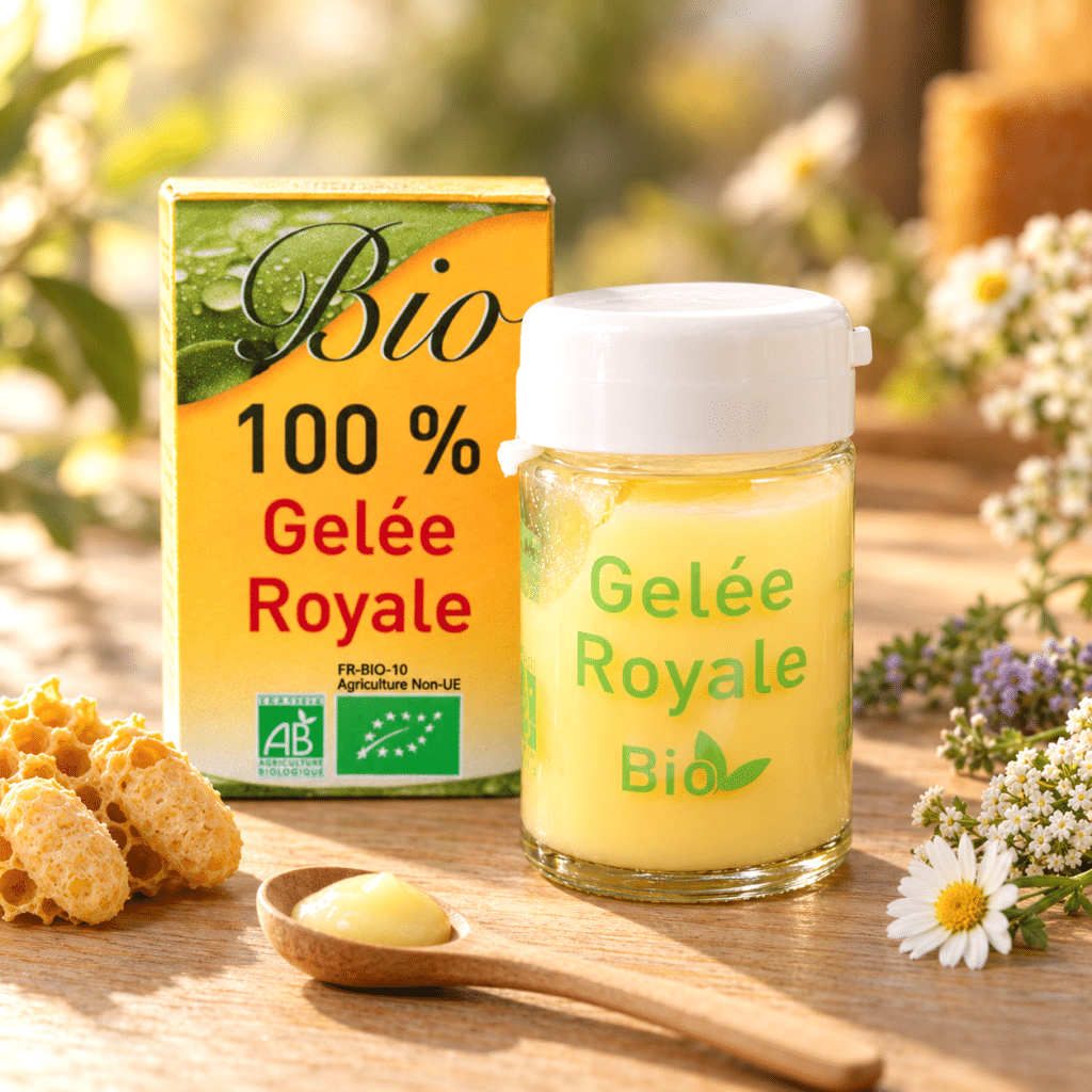 De la gelée royale fraîche, issue de l'agriculture biologique, sans aucun ajout. La substance la plus singulière de la ruche, celle qui fait d'une simple larve une reine, conservée au froid comme un produit frais.