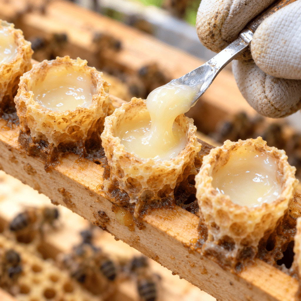La récolte de la gelée royale se fait cellule par cellule, par un apiculteur, dans un geste minutieux qui souligne la rareté et la valeur de cette substance d’exception.