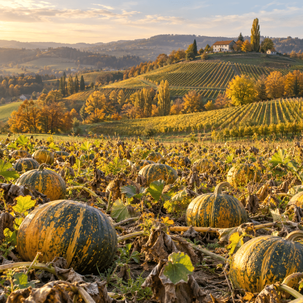 In den Hügeln der Steiermark entsteht aus dem Ölkürbis eine regionale Spezialität: ein dunkles, aromatisches Öl, das dort liebevoll als „schwarzes Gold“ bezeichnet wird.