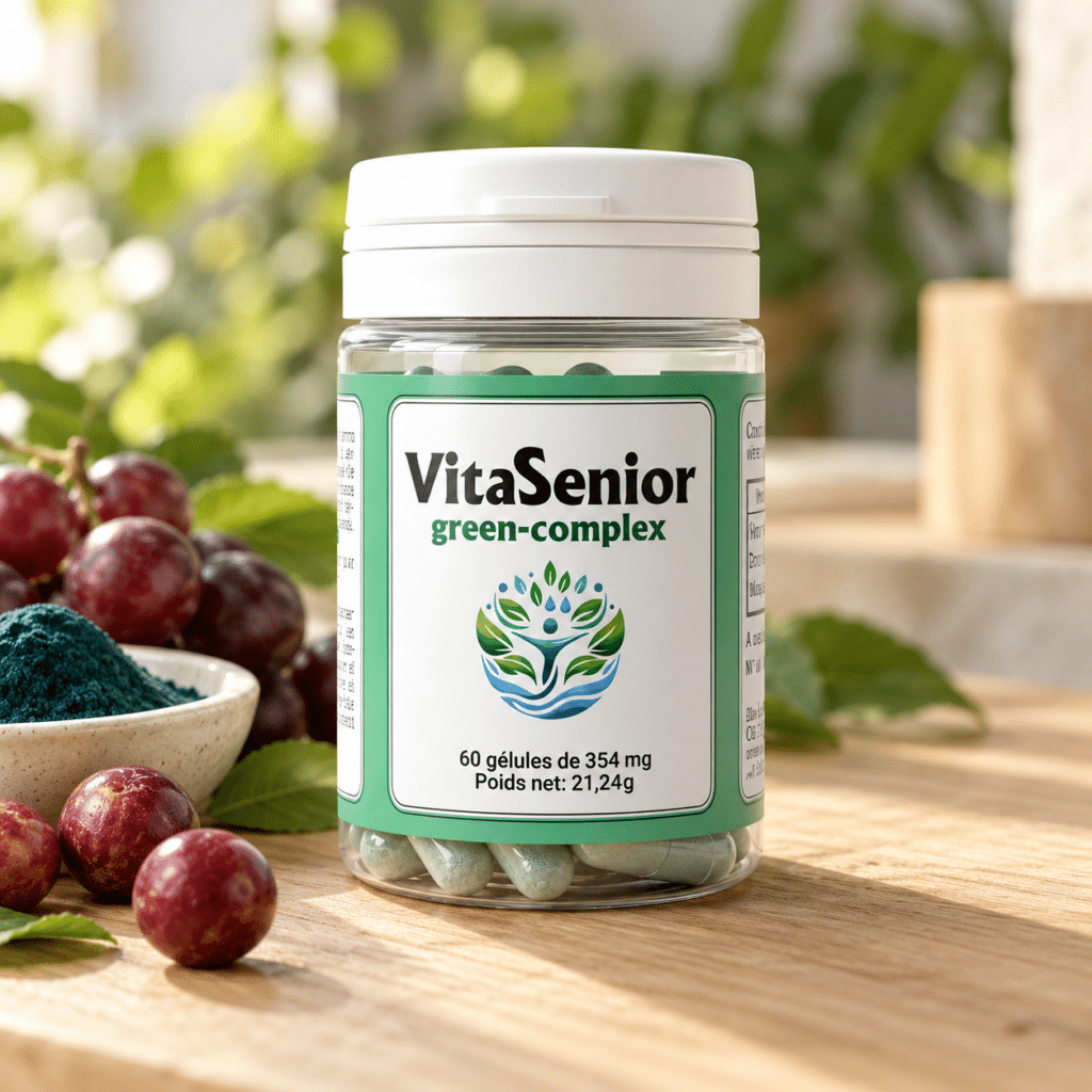 Eine einzige Kapsel VitaSenior Green Complex pro Tag vereint Vitamin C aus Camu Camu, Zink und Mangan, rund um zwei geschichtsträchtige Zutaten: Spirulina und Traubenkernextrakt. Eine einfache Formel, entwickelt für Erwachsene ab 50.