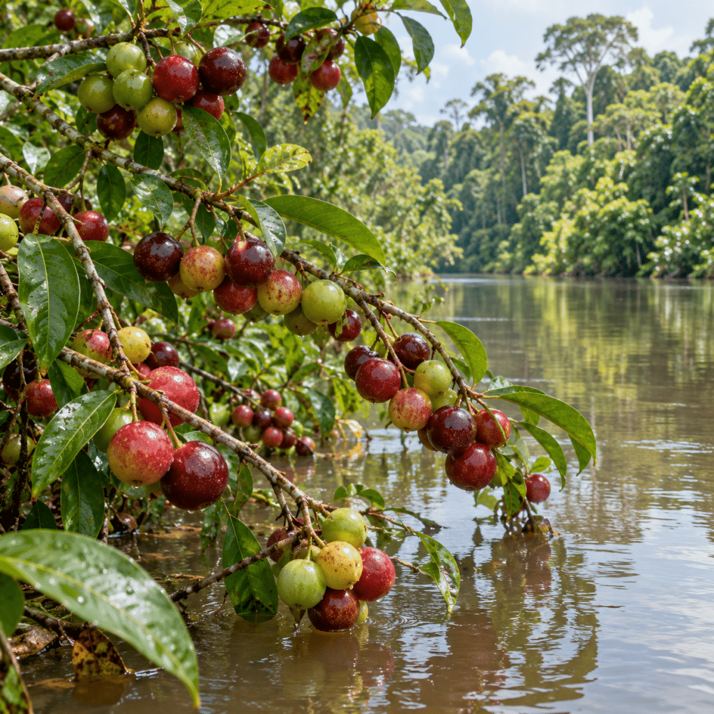 Camu-Camu (Myrciaria dubia), ein kleiner Strauch an den Ufern des Amazonas, trägt rote Beeren, die von Natur aus besonders reich an Vitamin C sind.