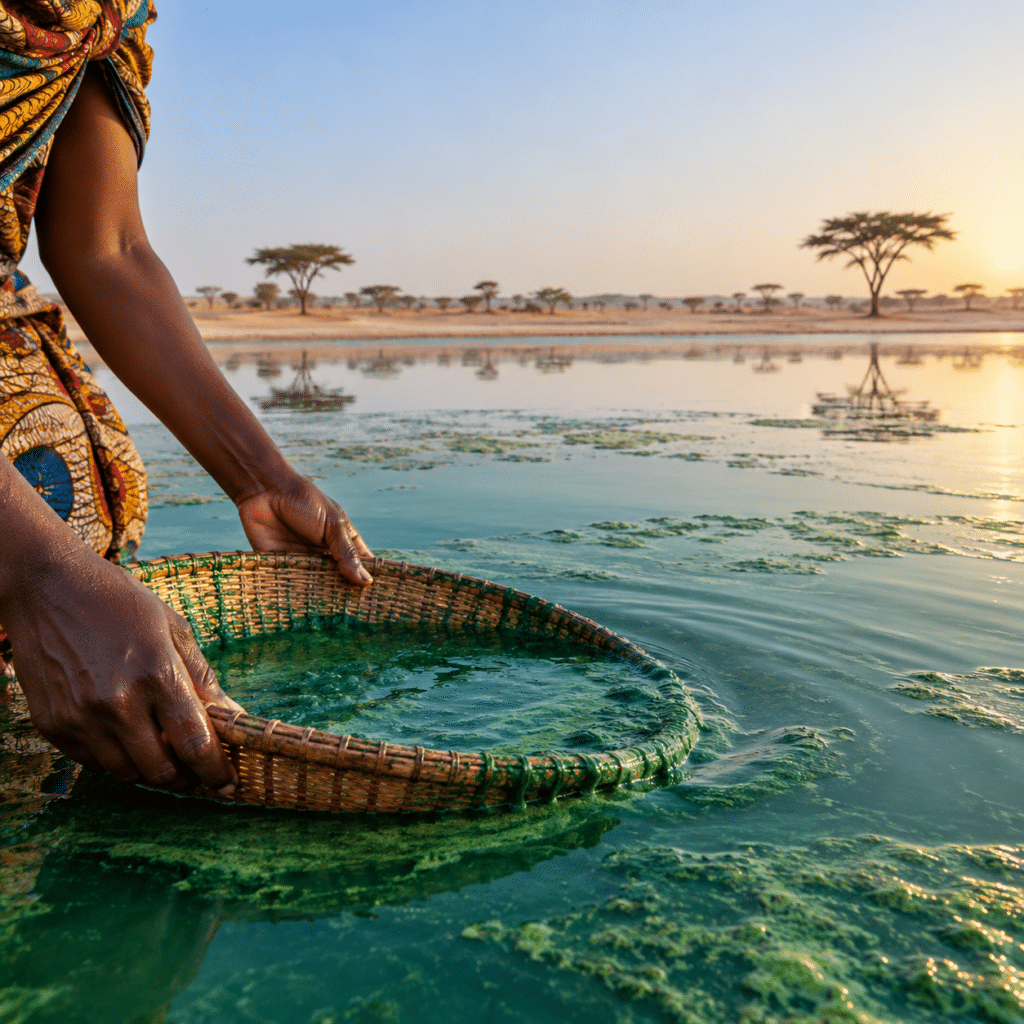 Spirulina wird auf traditionelle Weise an der Oberfläche bestimmter Seen in der Sahelzone geerntet, wo diese Mikroalge seit Generationen zu den lokalen Ernährungsgewohnheiten gehört.