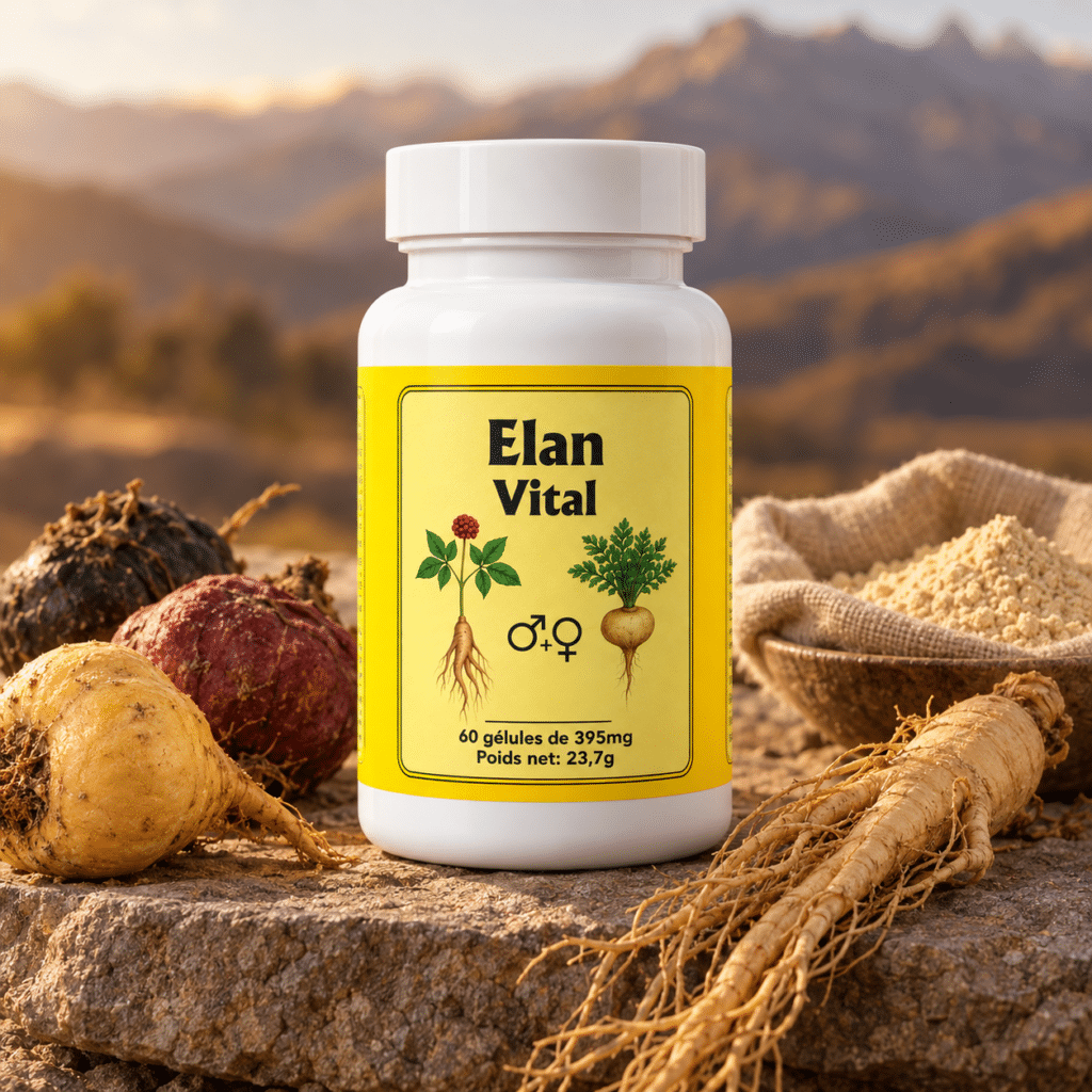 Élan Vital contient quatre ingrédients venus des hauts plateaux andins, des forêts d'Asie, des terres sèches de la Méditerranée et du jus de pastèque : maca, ginseng, tribulus et L-citrulline, réunis dans une formule végane de deux gélules par jour.