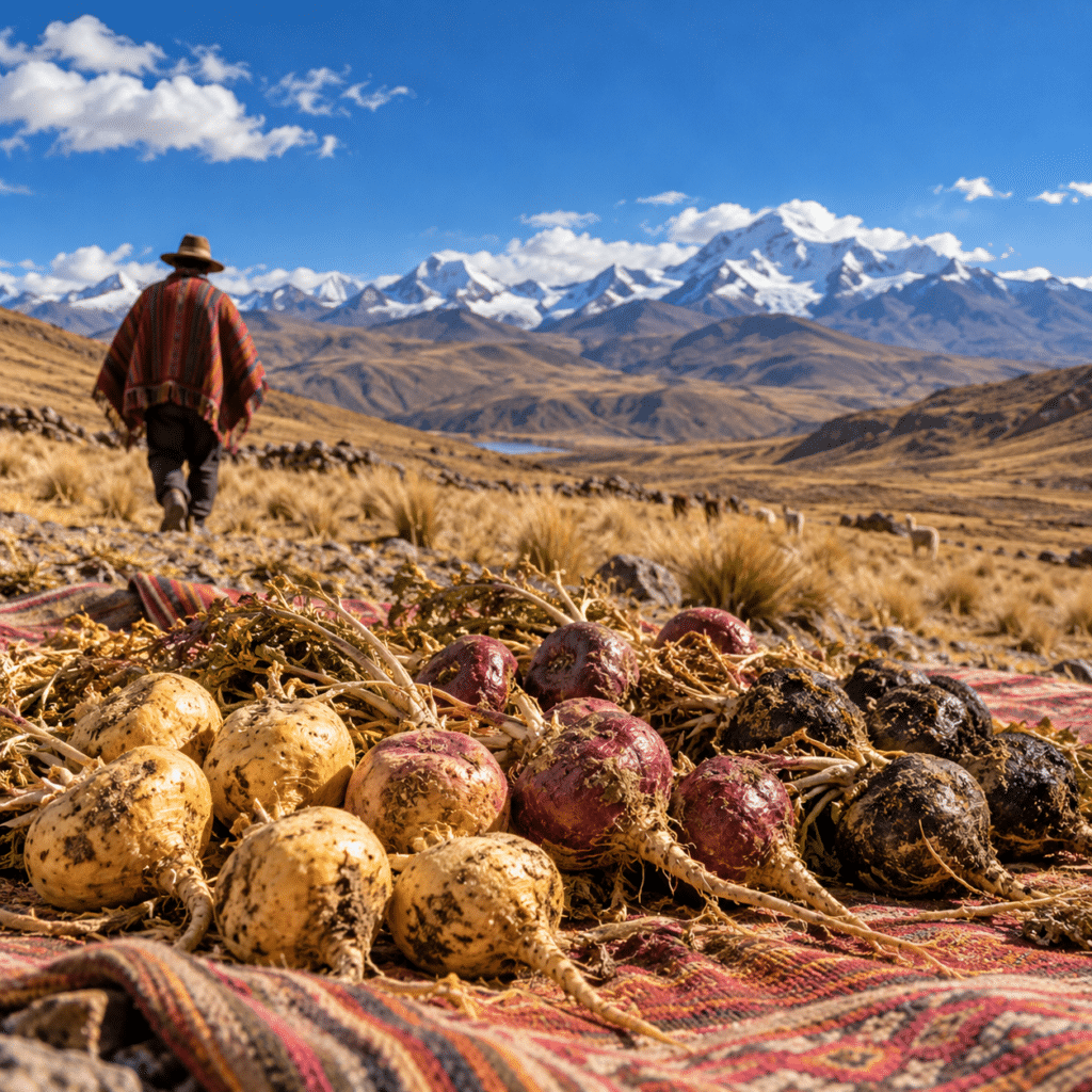 La maca (Lepidium meyenii) est cultivée sur les hauts plateaux des Andes péruviennes, où ses racines sont traditionnellement séchées au soleil pendant plusieurs semaines.