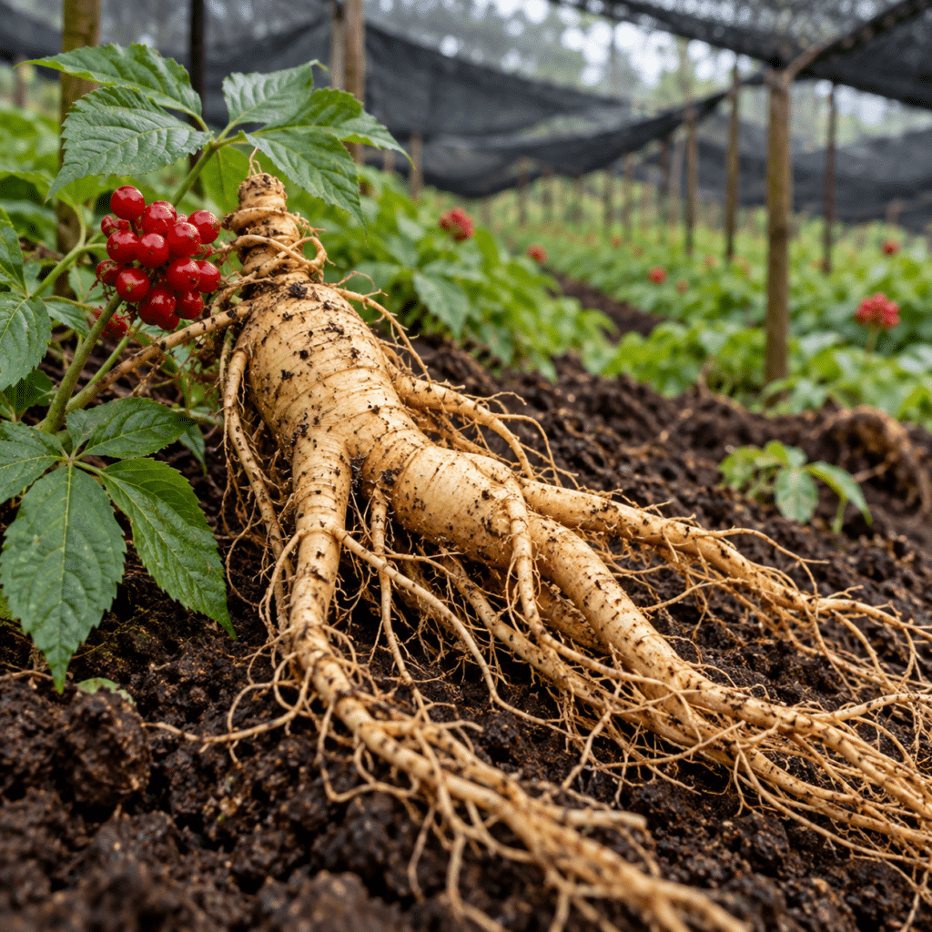 Le ginseng (Panax ginseng) développe lentement sa racine charnue et ramifiée, récoltée seulement après plusieurs années de culture.