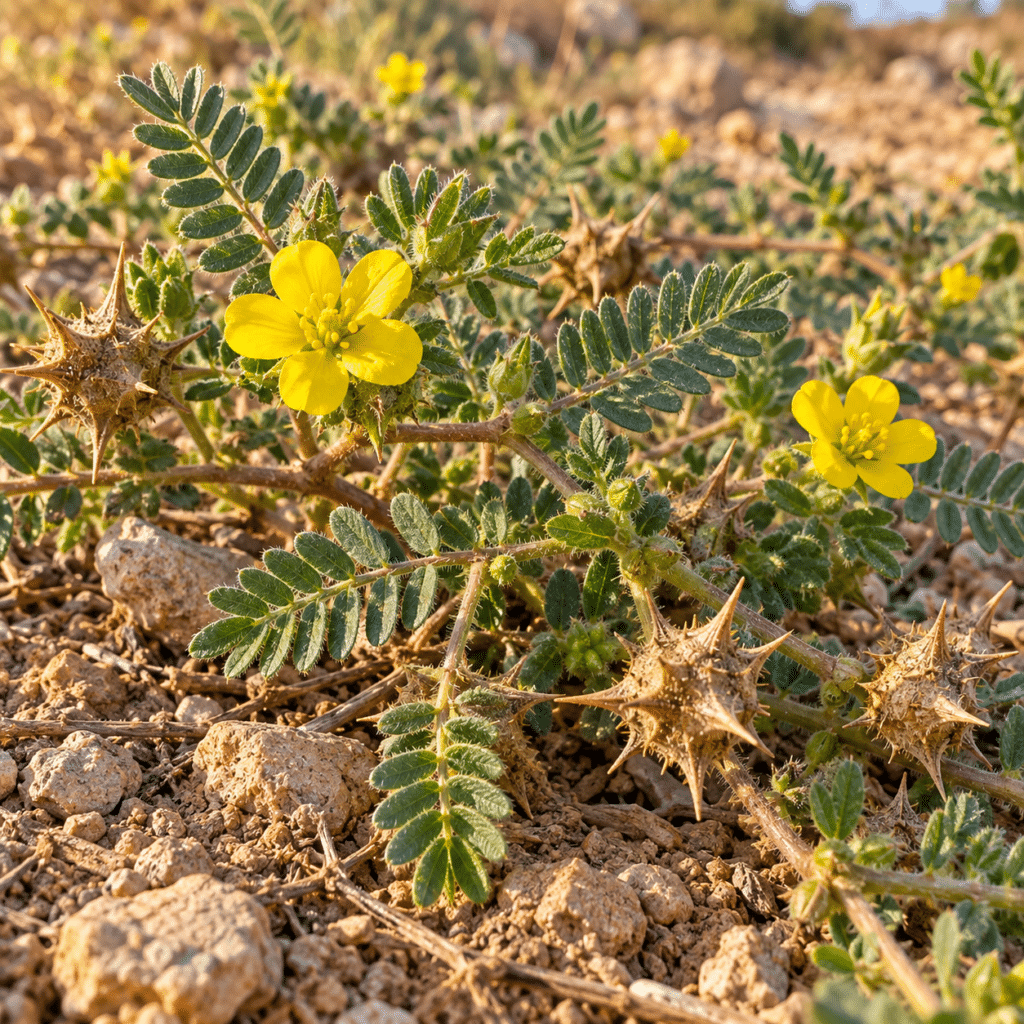 Le tribulus (Tribulus terrestris) est une petite plante des sols secs et ensoleillés, reconnaissable à ses fleurs jaunes et à ses fruits durs hérissés de pointes.