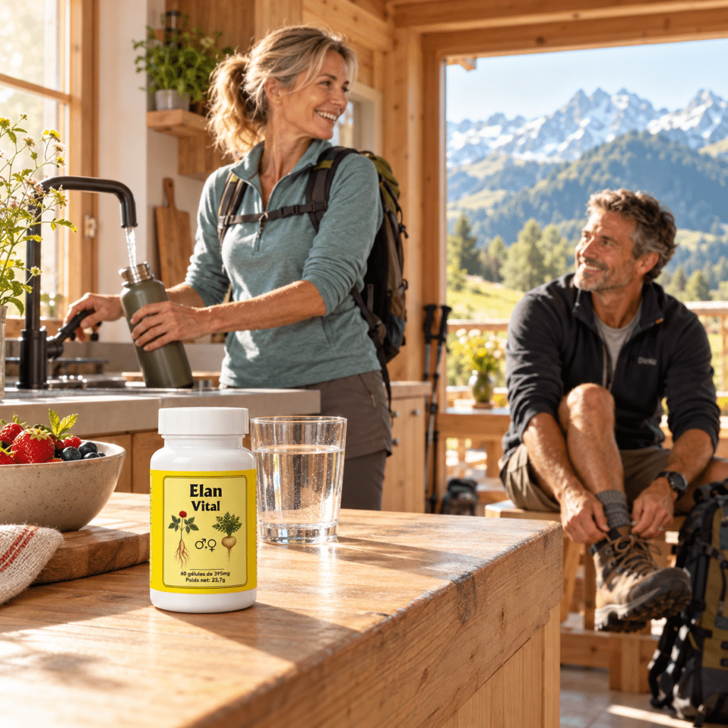 Élan Vital accompagne les adultes qui souhaitent intégrer à leur routine matinale une formule végane inspirée de grandes traditions végétales, ici dans l’esprit d’une journée active et tournée vers l’extérieur.